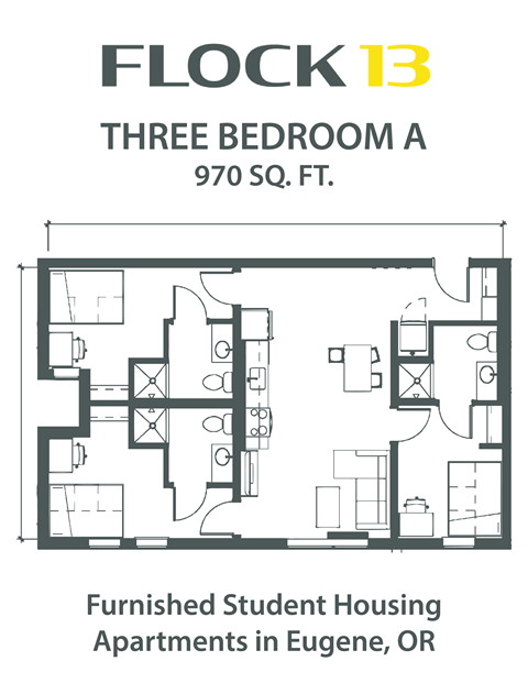 Floor plan for 3 beds, 3 baths, 970 sqft